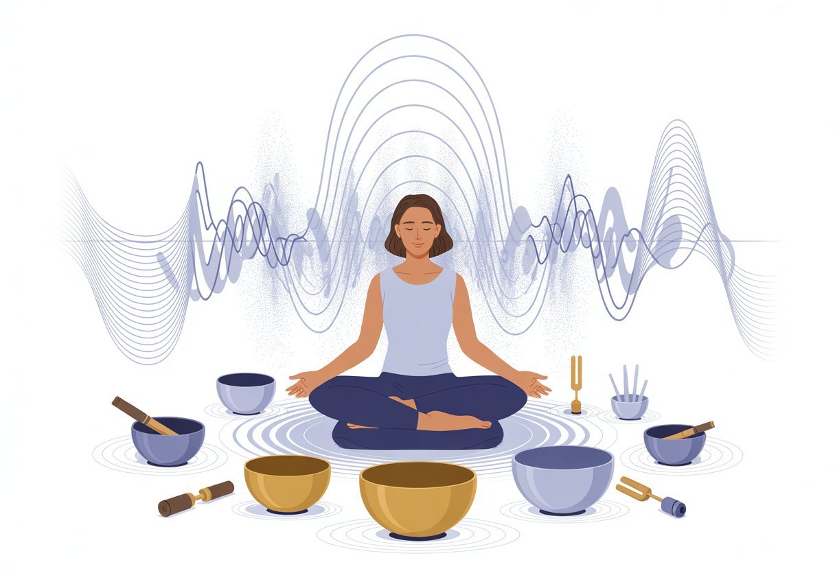 Une personne en méditation entourée d'instruments de sonothérapie émettant des vibrations visibles dans un environnement paisible.