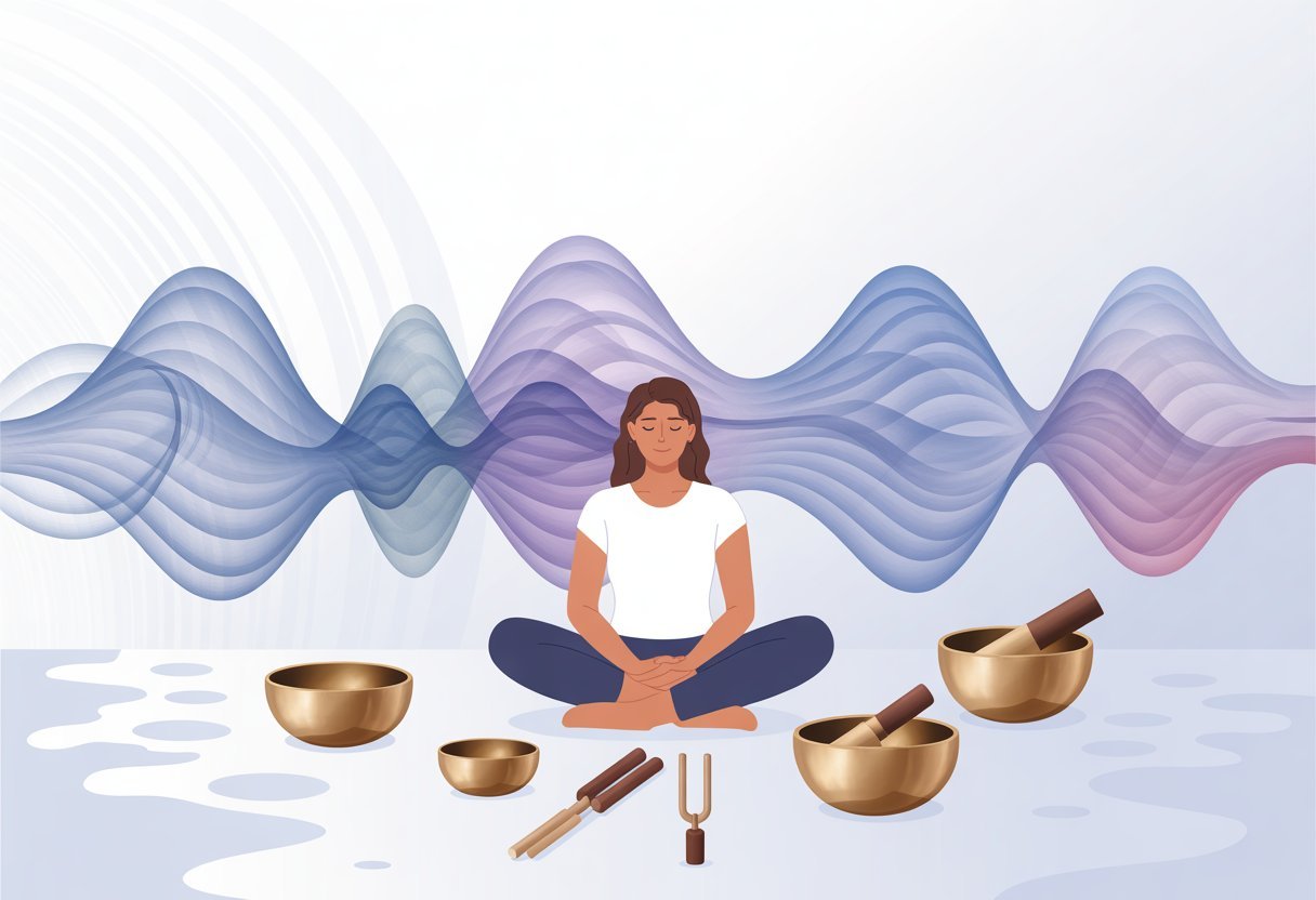 Une personne assise en méditation entourée de vagues sonores abstraites émanant d'instruments de sonothérapie dans un environnement calme et apaisant.