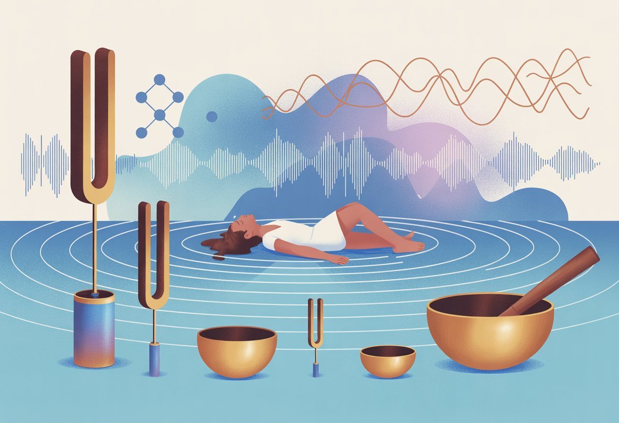 Personne immergée dans un bain sonore entourée d'ondes vibratoires et d'instruments de sonothérapie, illustrant le principe scientifique des vibrations sonores.