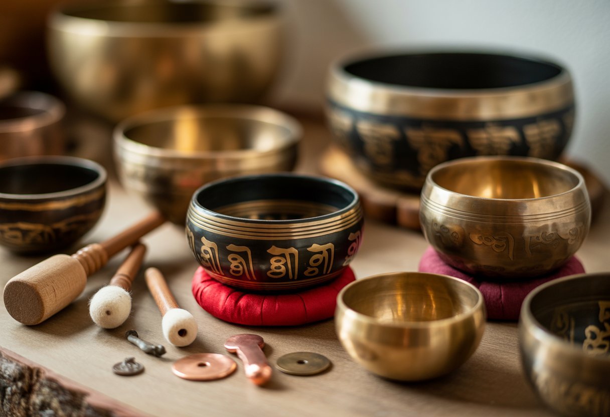 Plusieurs bols tibétains artisanaux en métal posés sur une surface en bois avec des maillets et des matériaux bruts autour.