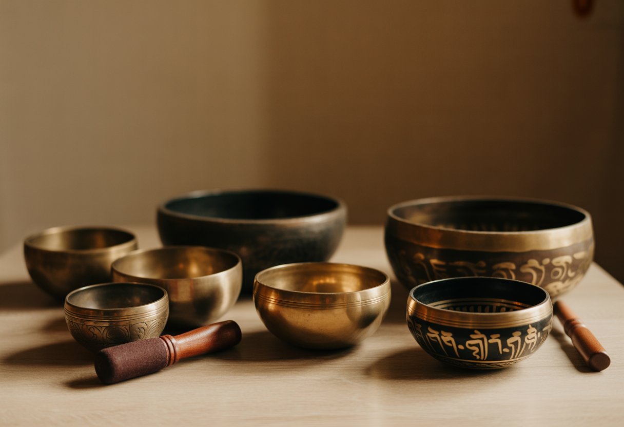 Différents bols tibétains en métal posés sur une surface en bois avec des maillets, dans une ambiance calme et chaleureuse.
