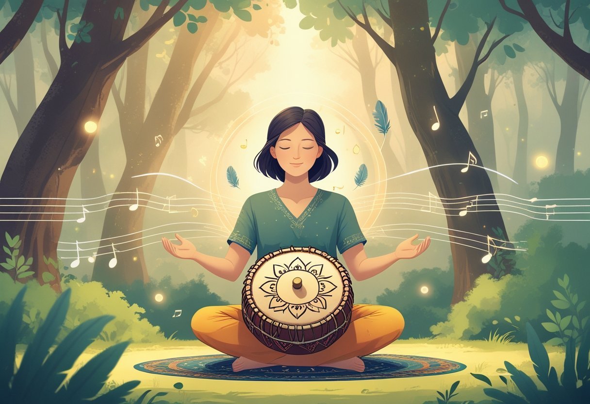Personne assise en position de méditation tenant un tambour chamanique dans une forêt paisible, entourée de vibrations sonores apaisantes.